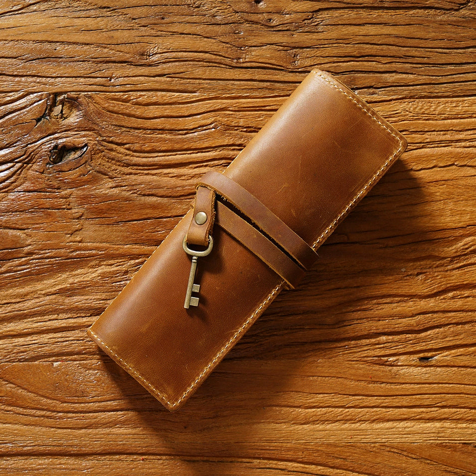 Crazy Horse Leather Rollup Pen Curtain Case