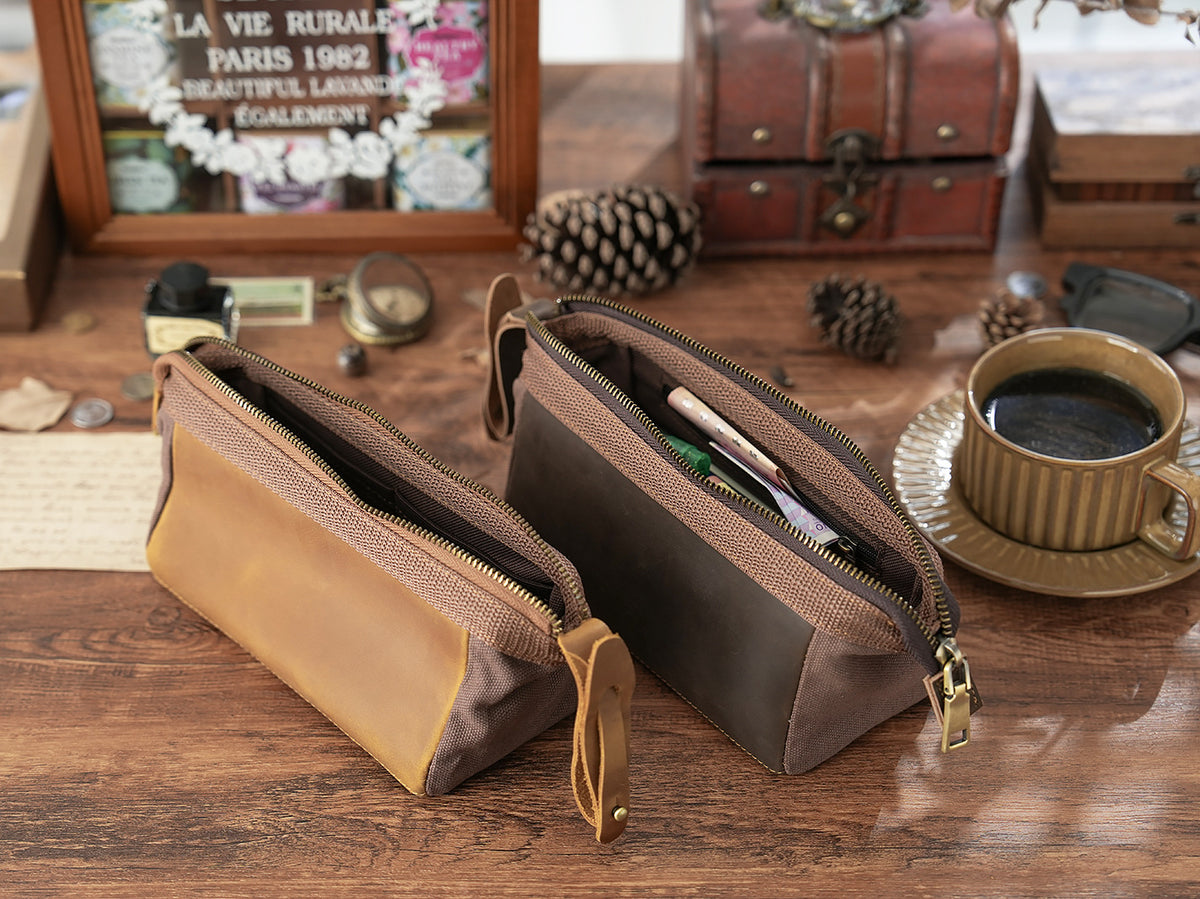 Crazy Horse Leather Large Zip Pencil Pouch