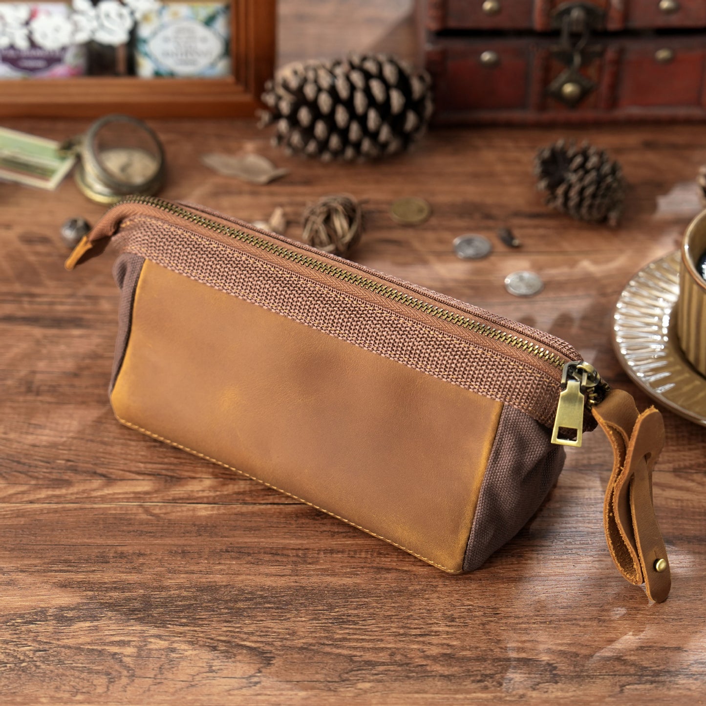 Crazy Horse Leather Large Zip Pencil Pouch