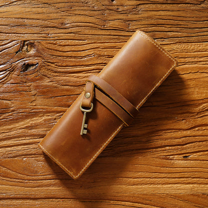 Crazy Horse Leather Rollup Pen Curtain Case